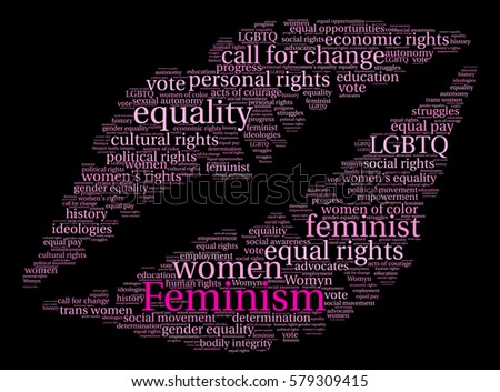 Feminism word cloud on a black background.  
