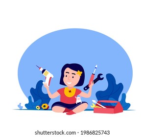 Feminism.Free happy Girl dreams about Builder, Erector Career with Instruments.Confident Choise.Opportunity Choose Profession.International Woman Day.Women Empowerment. Motivation Vector Illustration
