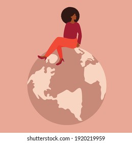 Las africanas feministas se sientan en el mundo y parecen confiadas. Mujer activista de todo el mundo. Movimiento por el empoderamiento de la mujer, ahorro de energía o ahorro de energía, concepto de afiche del Día de la Tierra. Vector plano.