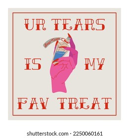 Feminist anti valentine gift card. Boys tears and cynical sassy phrases. Cute pink girlish vector illustration. llustration of a bad Valentine's Day.