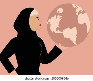 Feminist Arab middle east woman holding the world globe. Activist female with scarf rules and cares the world. Woman's empowerment movement, environment conservation or save the earth day concept.