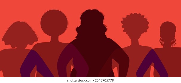 Feminist BIPOS women together as feminism as concept of support, unity for black history month, silhouette flat vector stock illustration with unidentifiable people on red background