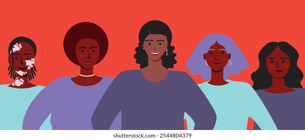 Feminist BIPOS women together as unity and feminism as international women's day concept, flat vector stock illustration on red background