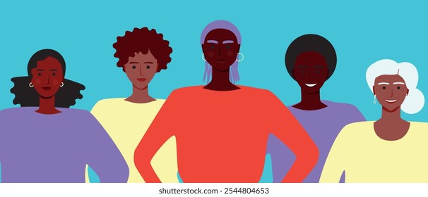 Feminist BIPOS women together as unity and feminism as a concept of support, unity for black history month, flat vector stock illustration, black lives matter