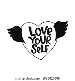 Feminist and body positive vector sticker. Love your self - handwritten phrase with ribbon on heart. Lettering quotes, type, font isolated on white background for poster, banner.