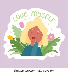 Feminist and body positive vector sticker Love Myself. Female movement cartoon badge with inspirational quote. Women empowerment, self acceptance and gender equality trendy lettering pack.