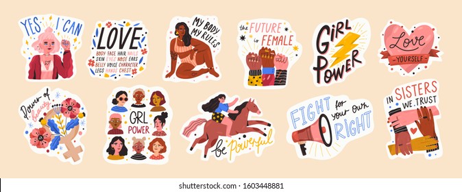 Feminist and body positive vector stickers set. Female movements cartoon badges with inspirational quotes. Women empowerment, self acceptance and gender equality trendy letterings pack.