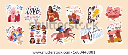 Feminist and body positive vector stickers set. Female movements cartoon badges with inspirational quotes. Women empowerment, self acceptance and gender equality trendy letterings pack.