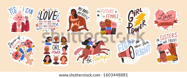 Feminist and body positive vector stickers set.\
Female movements cartoon badges with inspirational quotes. Women\
empowerment, self acceptance and gender equality trendy letterings\
pack.