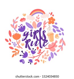 Feminist and cute girl power illustration set. Flowers, stickers, sweets with floral decoration. Cute cartoon feministic girl power collection