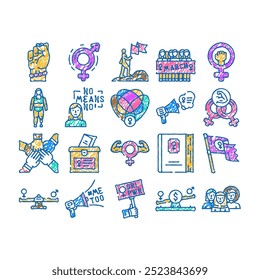 feminist female women doodle icons set vector. sketch line art activist woman, feminism strong, movement protest, fist power, girl, hand feminist female women color illustrations