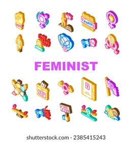 feminist female women icons set vector. activist woman, feminism strong, movement protest, fist power, girl, hand feminist female women isometric sign illustrations