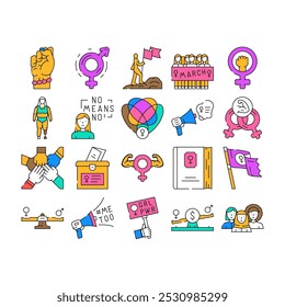 feminist female women icons set vector. activist woman, feminism strong, movement protest, fist power, girl, hand feminist female women color Contour Illustrations