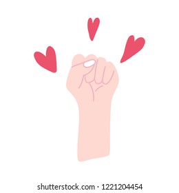 Feminist fist surrounded by hearts vector