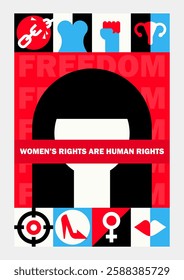 Feminist geometric poster with a faceless woman, protest symbols (simple icons) and text: Women's Rights Are Human Rights. International Women's Day minimalist bold card in red, black, white and blue