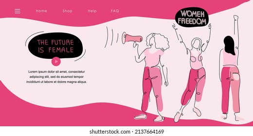 Feminist girl gang landing page with protest sisterhood arm, power fist and quote  WOMEN FREEDOM, THE FUTURE IS FEMALE. Vector illustration for International Women day