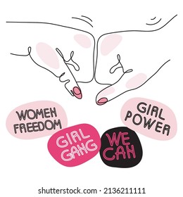 Feminist girl gang power fist and set stickers quote GIRL POWER, WE CAN, WOMEN FREEDOM and GIRL GANG. Vector illustration for International Women day