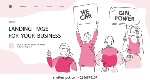 Feminist girl gang, protest sisterhood arm with power fist and posters quote WE CAN, GIRL POWER. Vector illustration for International Women day