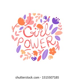 Feministische Machtschrift von Mädchen mit Blumenelementen, Blumen und Blättern, Kreisform einzeln auf Weiß, Pastellfarben. Feministisch süße Cartoon Girl Power Hand zeichnen Buchstaben