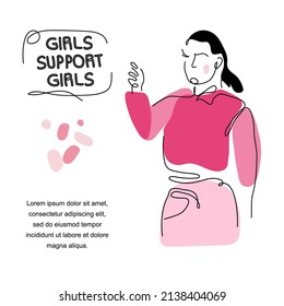 Feminist girl power in sisterhood arm with quote GIRLS SUPPORT GIRLS. Vector illustration for International Women day in flat design and one line art