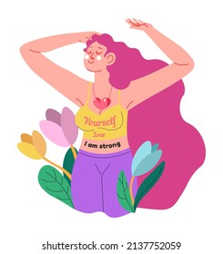 Feminist girl wearing tshirt with slogan love yourself and I am strong. Supporter of feminism movement. Inspirational woman in harmony, flower blossom and femininity. Lady vector in flat style