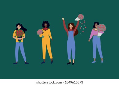 A feminist group of people. Cartoon collection of women. Background concept for Women's day. Beautiful characters, standing in different clothes with a bouquet of flowers, a woman with her hands up -