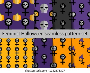Feminist Halloween seamless pattern set. Nice and beautiful vector graphic illustration