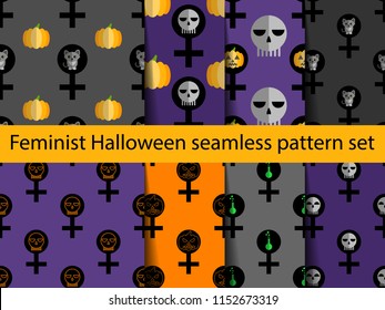 Feminist Halloween seamless pattern set. Nice and beautiful vector graphic illustration