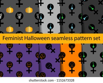 Feminist Halloween seamless pattern set. Nice and beautiful vector graphic illustration