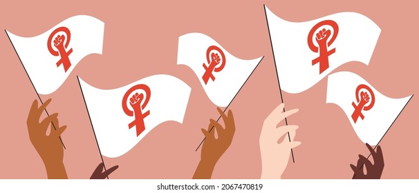 Feminist hands, symbol of feminism. Flat vector stock illustration. Feminism flag. Women on March 8th. People with flags. Isolated illustration