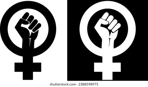 feminist icon with clenched fist isolated on transparent background and stamped on black background