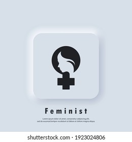 Feminist icon. Female woman feminism sign. Protest hand with woman face. Vector EPS 10. UI icon. Neumorphic UI UX white user interface web button. Neumorphism