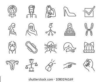 Feminist icon set. Included the icons as user feminine, girl power, pregnant women, feminism sign, woman salary, laws, body, rights and more