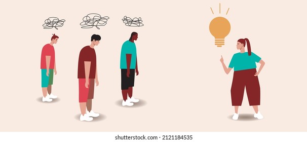 Feminist with an idea, chaos in people's minds. Flat vector stock illustration. A woman with a light bulb as a symbol of an idea. The concept of women's achievements, feminism, equality