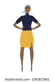 Feminist illustration of the girl. Character for the International women's day. Hand drawn illustration of dark skin woman on the white background.  Girl power and feminist movement. Beautiful model