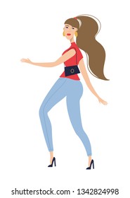 Feminist illustration with pretty girl. Character for the International women's day. Hand drawn illustration of woman with long brown hair in blue jeans on the white background. 