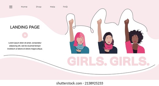 Feminist landing page with protest girl power in sisterhood arm and fist, hands. Vector illustration for International Women day in flat design and one line art