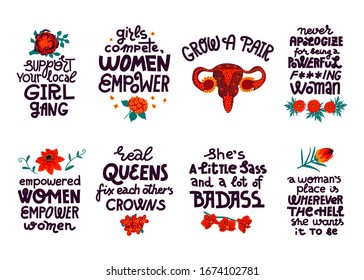 Feminist lettering quotes set. Floral decoration. Women supporting women, female empowerment idea. Multicolor on white background. Card or poster design collection.