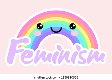 Feminist LGBT symbolisch. Feminismus Frohe Regenbogen-Aufkleber. Cute kawaii Regenbogen. Regenbogen mit Inschrift "Feminismus".  Vektorgrafik. Frauenlogo