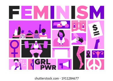 Feminist mosaic illustration set for women rights or international social issues event on March 8. Pink flat cartoon concept, girl friend group together, equal pay protest sign and more.