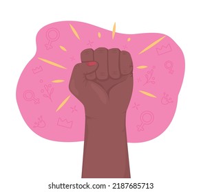 Feminist movement 2D vector isolated illustration. Raised fist flat hand gesture on cartoon background. Fighting for equal rights colourful editable scene for mobile, website, presentation