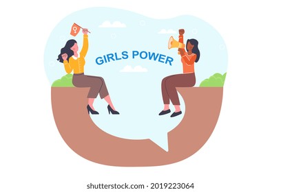 Feminist movement with phrase girl power for prints. Women sit on opposite bank and salute, female equality, social and civil right. Flat cartoon vector concept design isolated on white background.