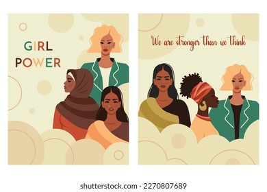 Movimiento feminista. Mujeres de diferentes nacionalidades juntas. El poder de las chicas. Feminismo, empoderamiento de la mujer, apoyo, diversidad, concepto de igualdad de género. Ilustración vectorial para publicación en medios sociales, afiche