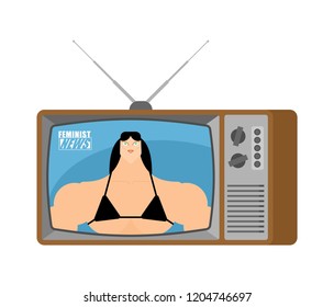 Feminist news old tv. Woman broadcasting journalist. Female Anchorman in tv studio. Live broadcasting. 