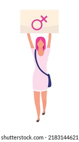 Feminist participating in protest semi flat color vector character. Women rights. Standing figure. Full body person on white. Simple cartoon style illustration for web graphic design and animation