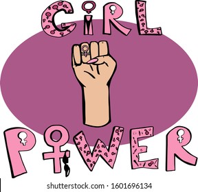 Feminist poster. Girl power lettering with woman fist raised up and symbol of feminism.  Hand drawn vector stock poster design for Feminist power and solidarity. Isolated on white. Pink color. Doodle
