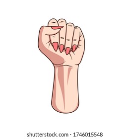 Feminist pride fist. Female hand raised into air. Illustration on white background. Equal human rights for women and girls. Girl power sign. Simple concept gesture for unity and respect of all genders