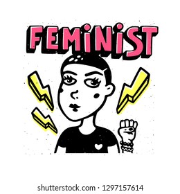 Feminist print. Girl portrait and feninist text on white background. Feminist movement, protest action, girl power. Vector illustration