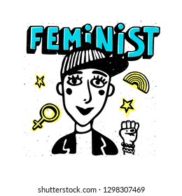 Feminist print. Girl portrait and feminist text on white background. Feminist movement, protest action, girl power. Vector illustration