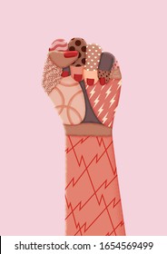 Feminist protest art print. Female raised hand illustration. Vector clenched fist, symbol of gender equality and women’s rights activism.

